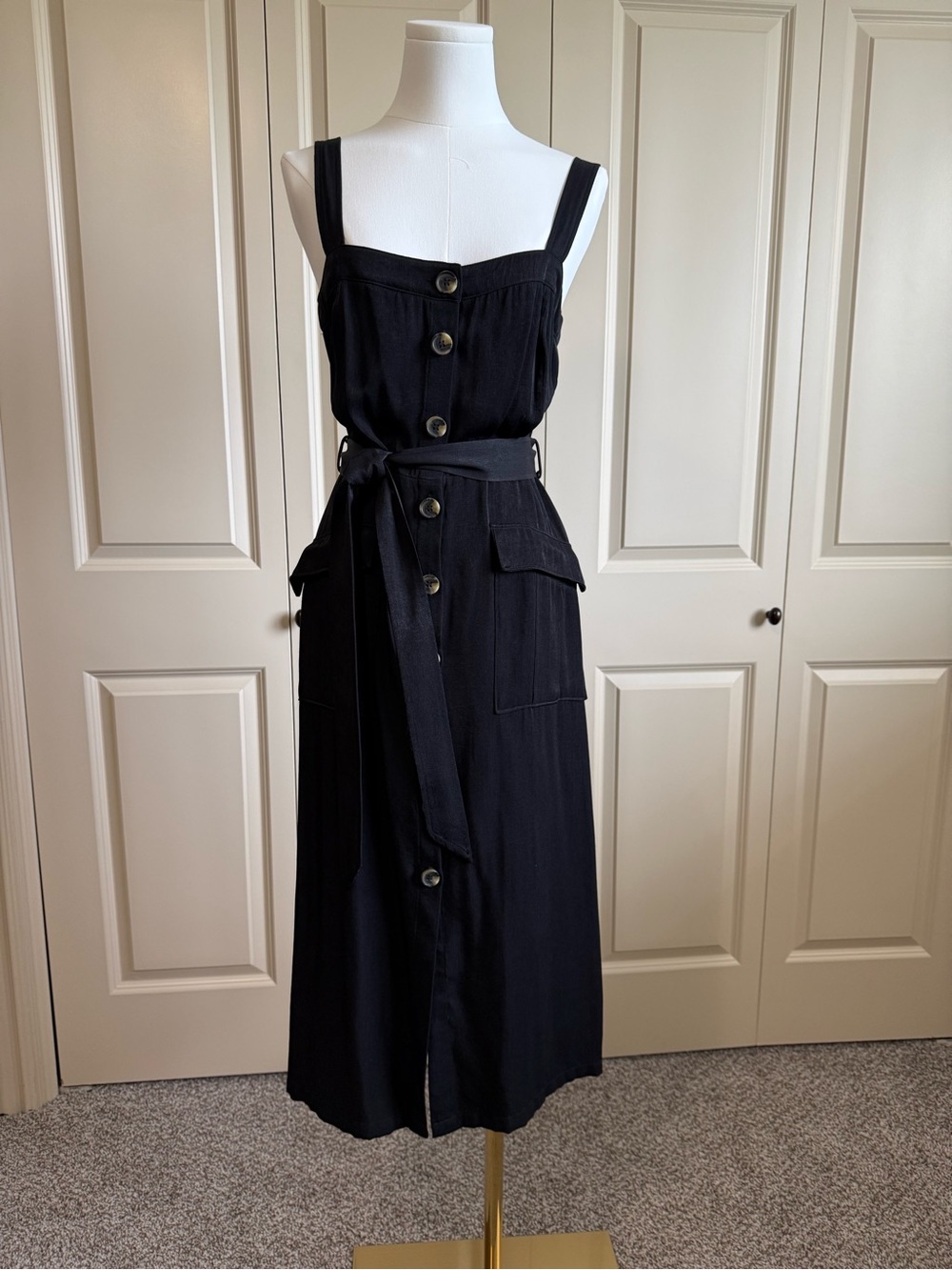 Lush Black Midi Button-Front Belted Dress